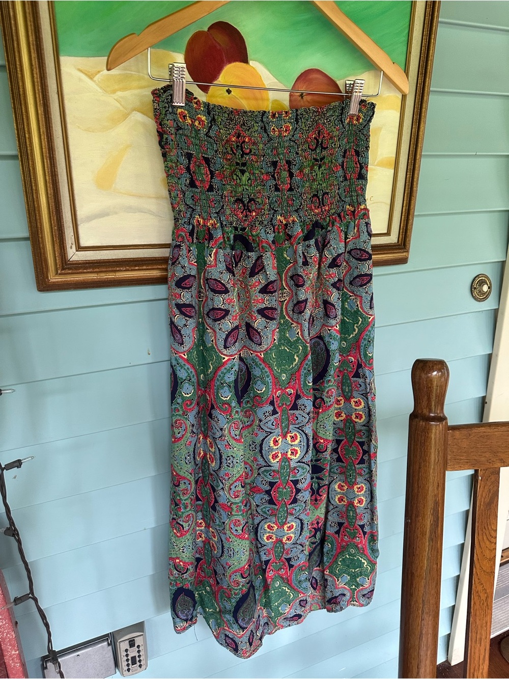 Bohemian Strapless Paisley Midi Dress in Green